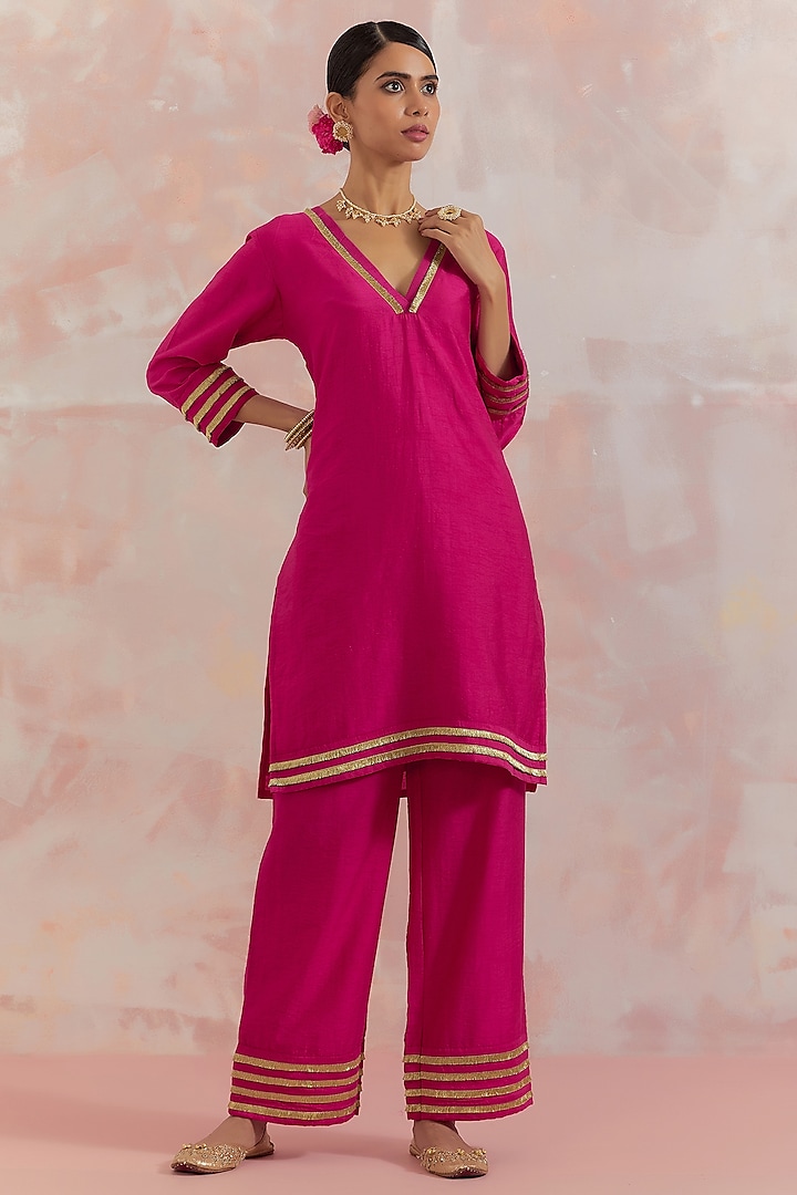 Pink Short Kali Kurta Set In Silk Dupion by TIC