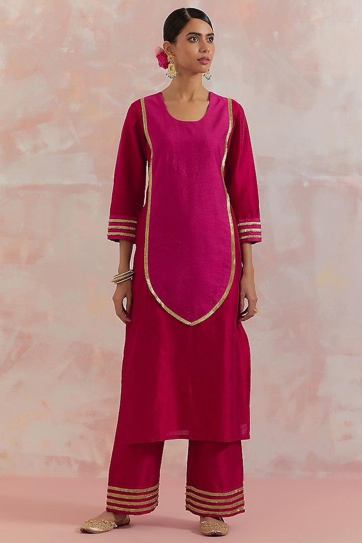 Red & Pink Kurta Set In Silk Dupion by TIC