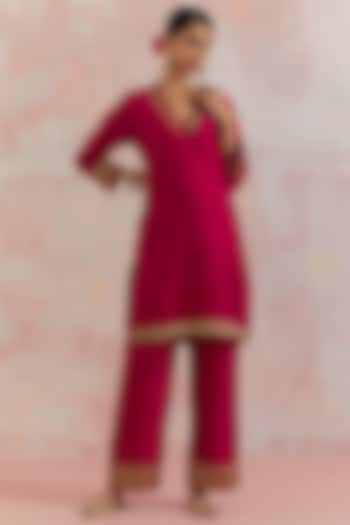 Red Short Kali Kurta Set In Silk Dupion by TIC