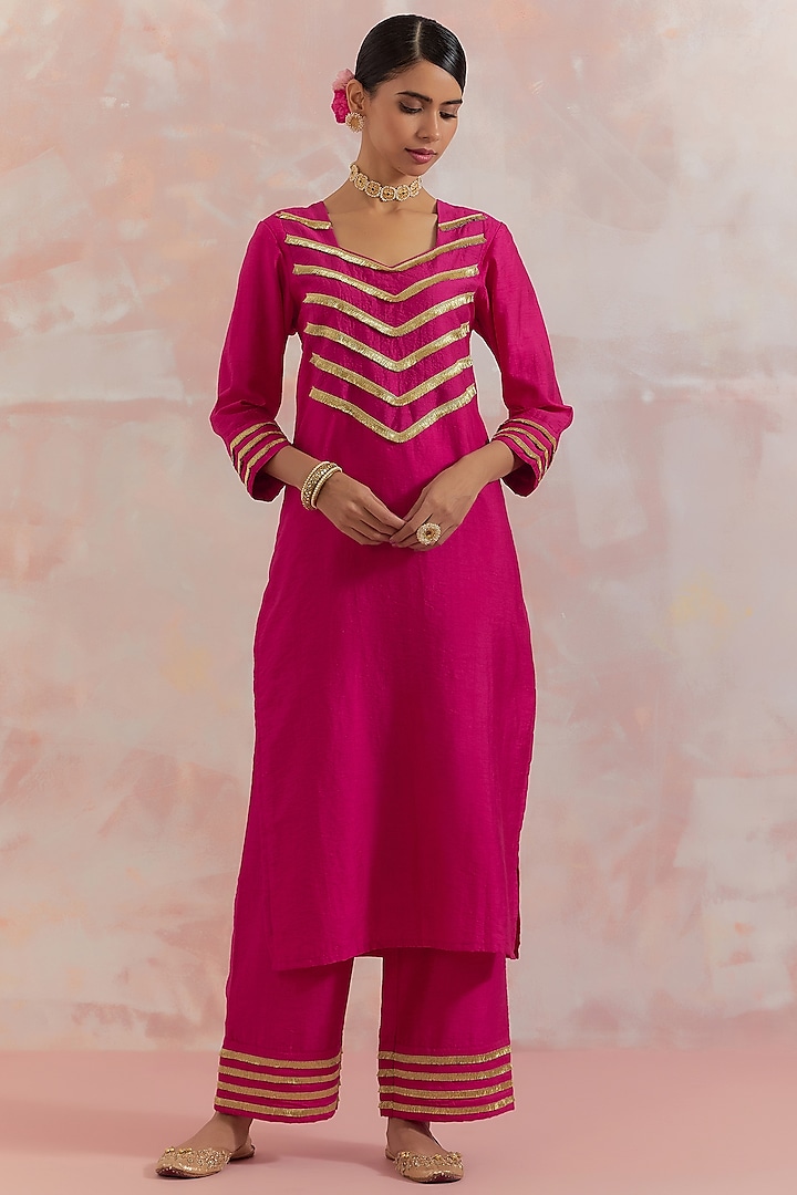 Pink Kurta Set In Dupion Silk  by TIC