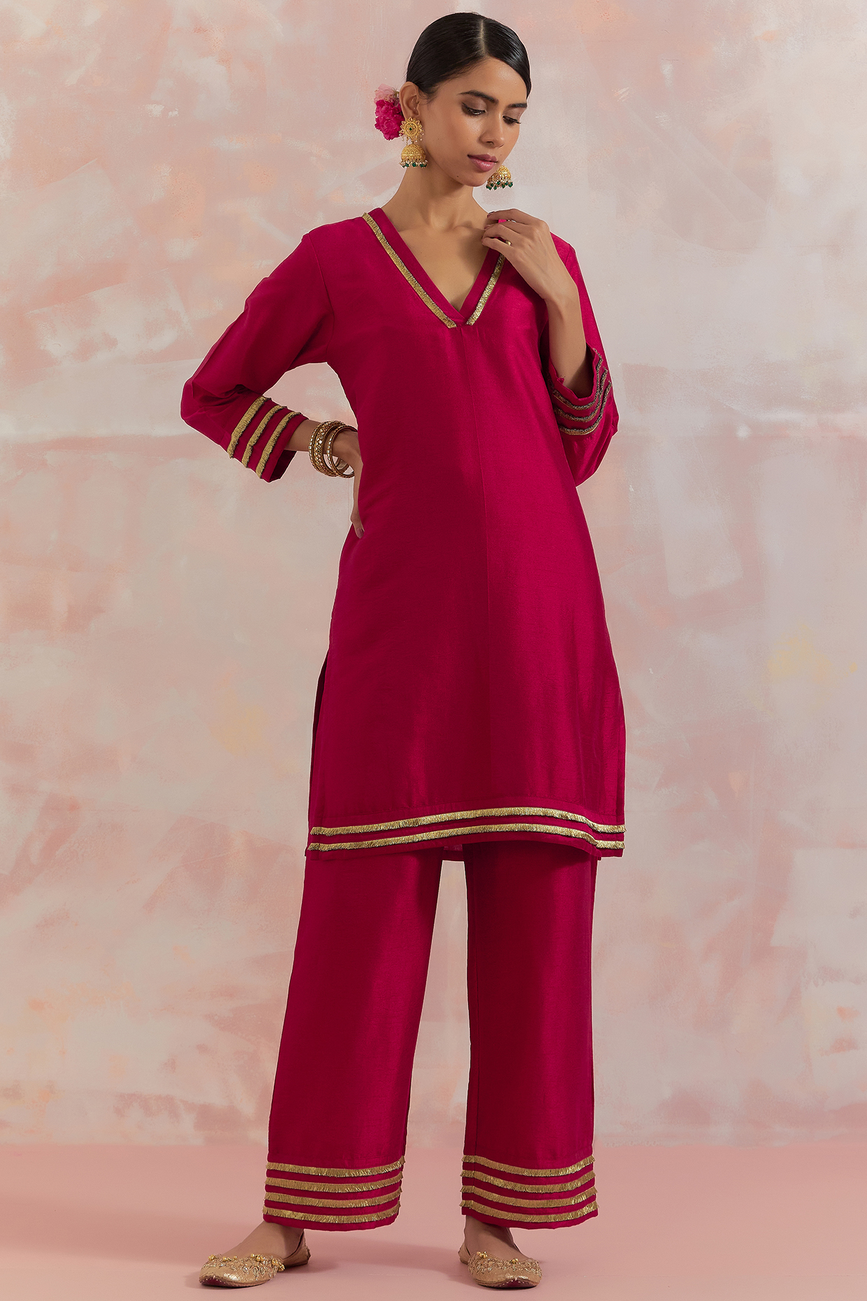 Red Raw Silk Kali Short Kurta  by TIC