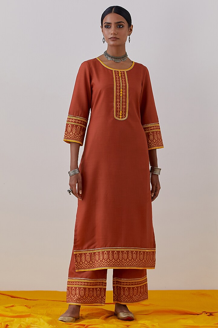 Rust Slub Cotton Hand Block Printed & Gota Kurta Set by The Indian Cause at Pernia's Pop Up Shop