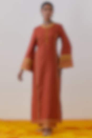 Rust Slub Cotton Hand Block Printed & Gota Kurta Set by The Indian Cause at Pernia's Pop Up Shop