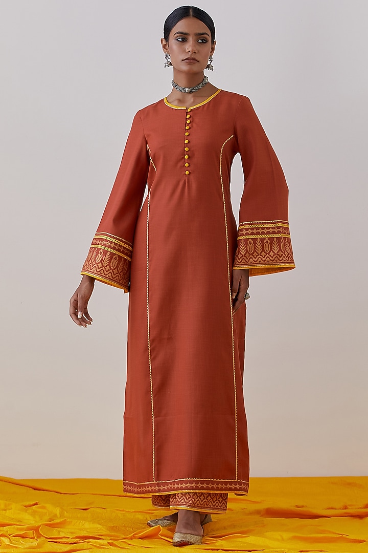 Rust Slub Cotton Hand Block Printed & Gota Kurta Set by The Indian Cause at Pernia's Pop Up Shop