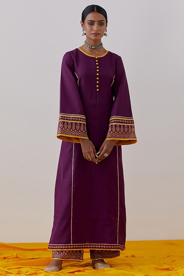 Purple Slub Cotton Hand Block Printed & Gota Kurta Set by The Indian Cause at Pernia's Pop Up Shop