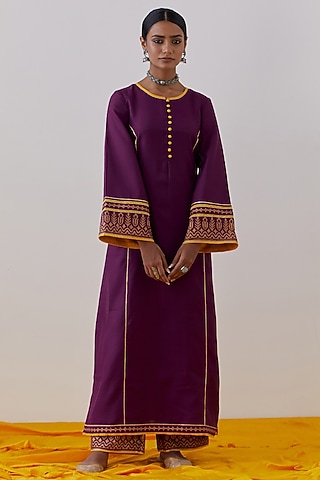 Purple Slub Cotton Hand Block Printed & Gota Kurta Set by The Indian Cause