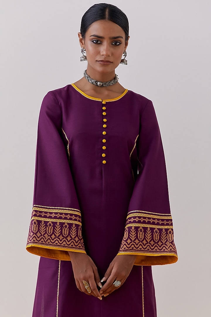 Purple Slub Cotton Hand Block Printed & Gota Kurta Set by The Indian Cause at Pernia's Pop Up Shop