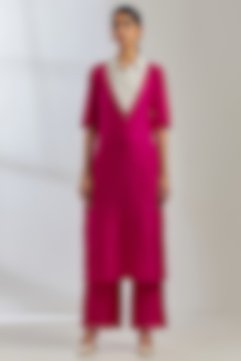 Pink Raw Silk Collared Kurta by The Indian Cause at Pernia's Pop Up Shop