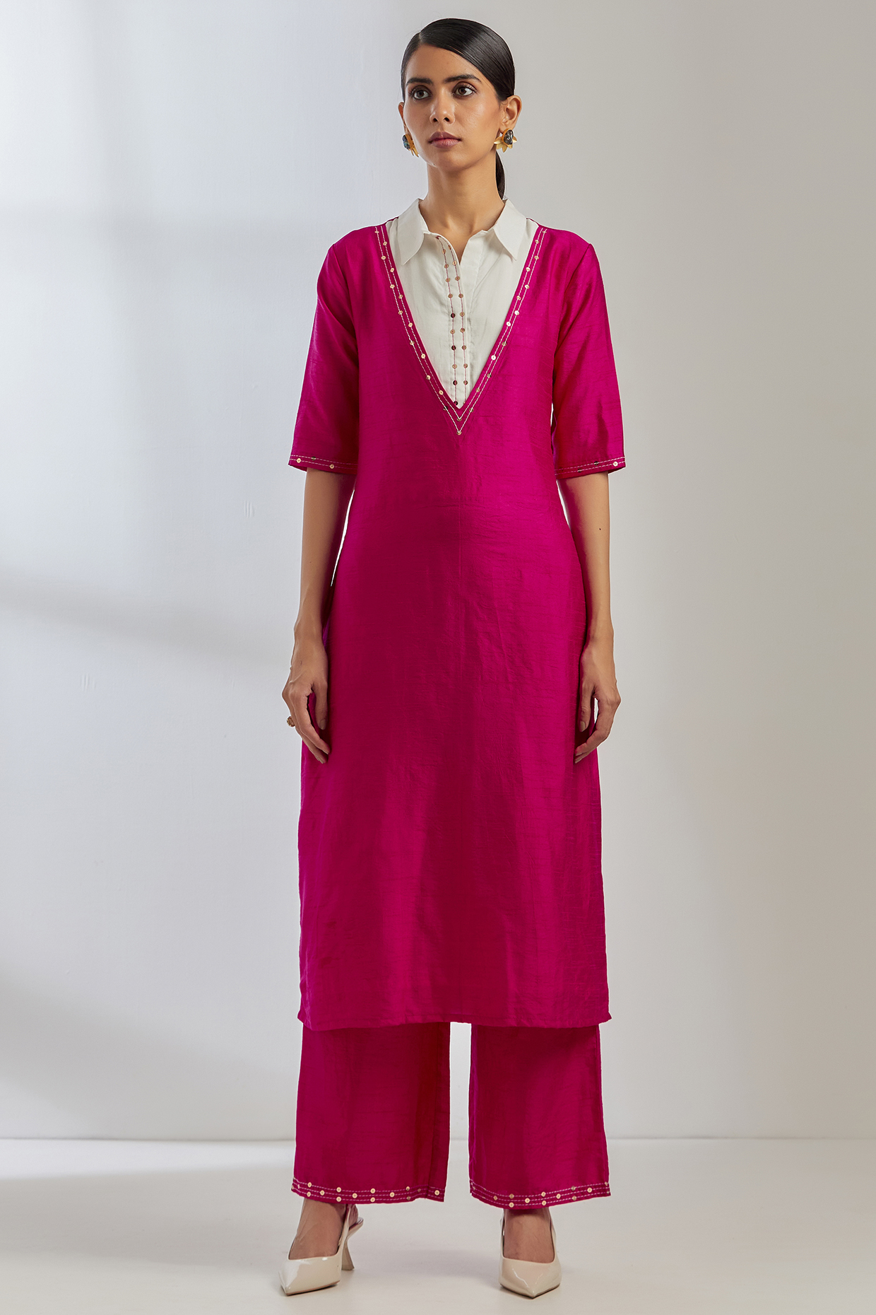 Pink Raw Silk Collared Kurta by The Indian Cause at Pernia's Pop Up Shop