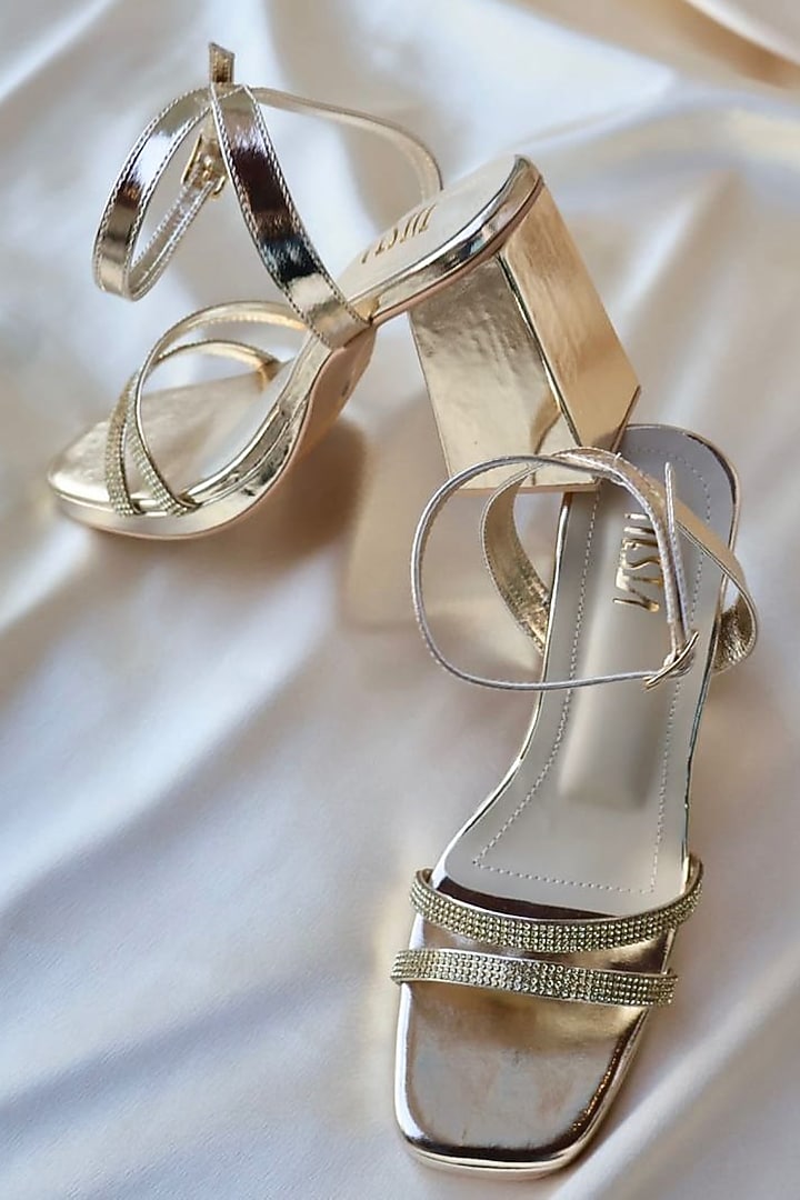 Gold Faux Leather Handcrafted Block Heels by TIESTA at Pernia's Pop Up Shop