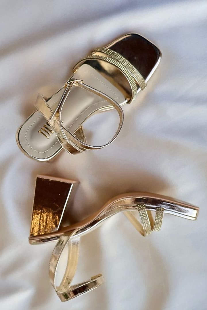 Gold Faux Leather Handcrafted Block Heels by TIESTA at Pernia's Pop Up Shop