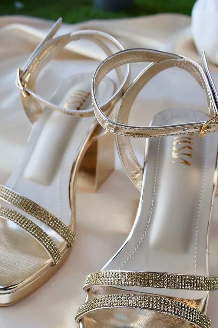 Gold Faux Leather Handcrafted Block Heels by TIESTA at Pernia's Pop Up Shop