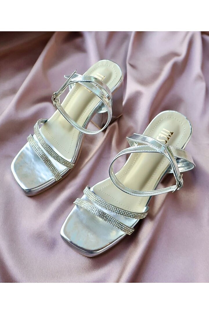 Silver Faux Leather Handcrafted Block Heels by TIESTA at Pernia's Pop Up Shop