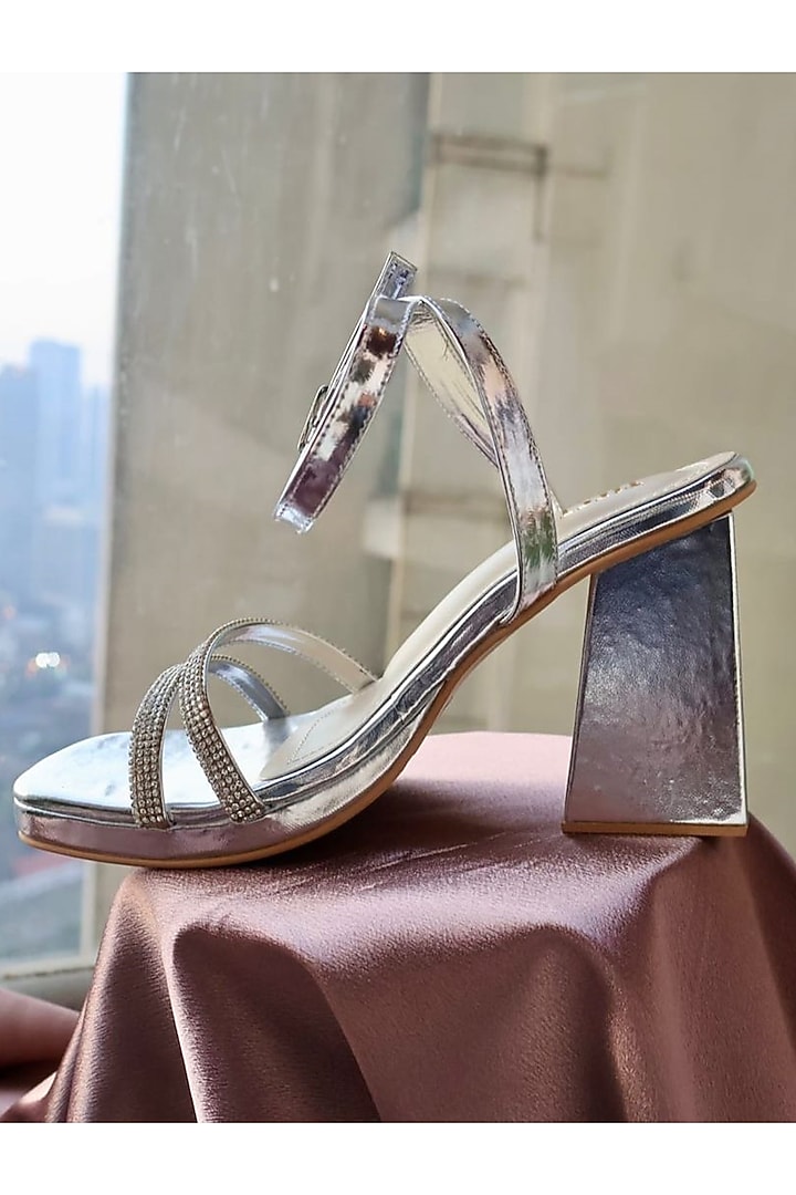 Silver Faux Leather Handcrafted Block Heels by TIESTA at Pernia's Pop Up Shop