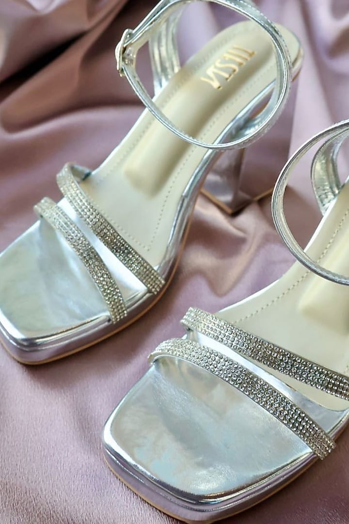 Silver Faux Leather Handcrafted Block Heels by TIESTA at Pernia's Pop Up Shop