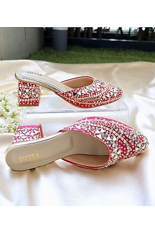 Hot Pink Faux Leather Mirror Embroidered Mule Block Heels by TIESTA