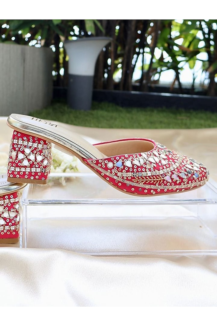 Hot Pink Faux Leather Mirror Embroidered Mule Block Heels by TIESTA at Pernia's Pop Up Shop