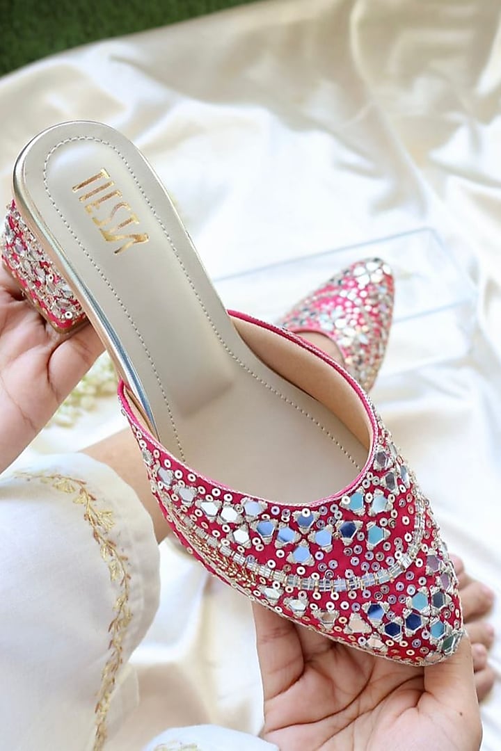 Hot Pink Faux Leather Mirror Embroidered Mule Block Heels by TIESTA at Pernia's Pop Up Shop