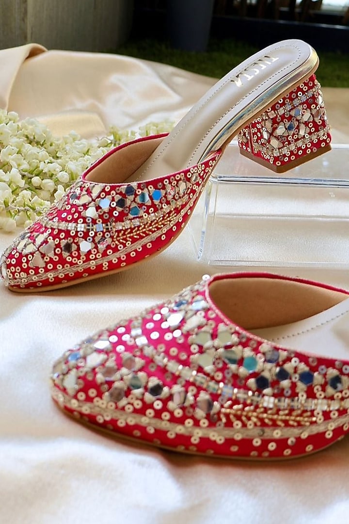 Hot Pink Faux Leather Mirror Embroidered Mule Block Heels by TIESTA at Pernia's Pop Up Shop