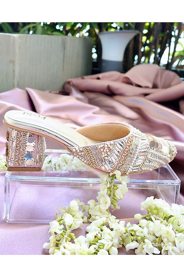 Pink Faux Leather Mirror Embroidered Mule Block Heels by TIESTA at Pernia's Pop Up Shop