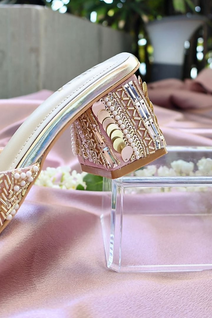 Pink Faux Leather Mirror Embroidered Mule Block Heels by TIESTA at Pernia's Pop Up Shop
