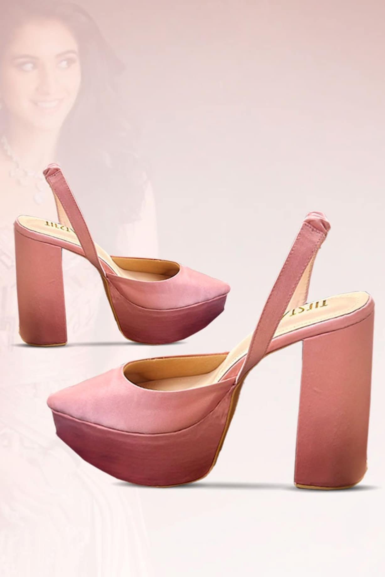 Light Pink Satin Block Heels by TIESTA at Pernia's Pop Up Shop