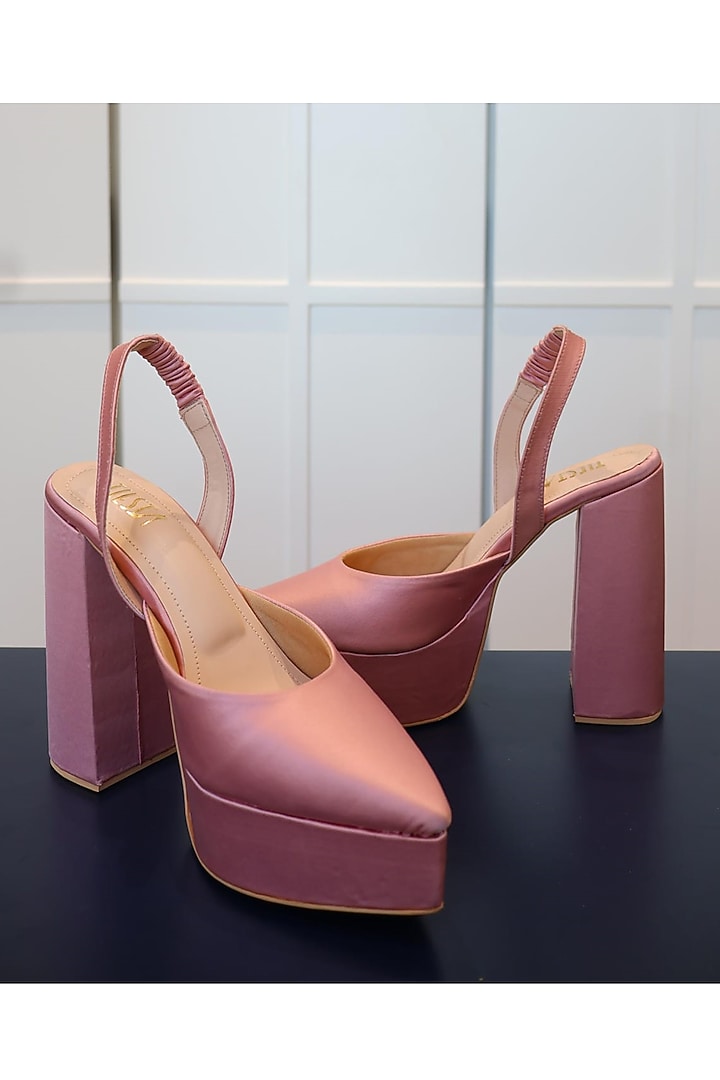 Light Pink Satin Block Heels by TIESTA at Pernia's Pop Up Shop