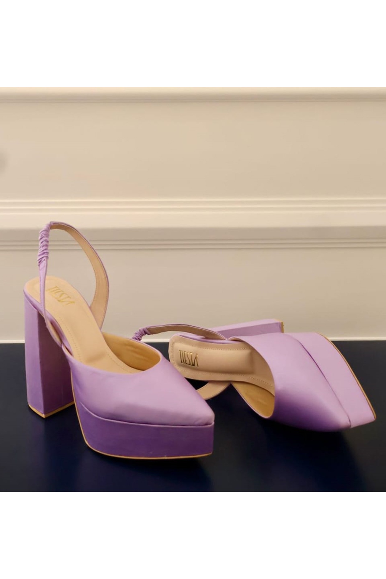 Lavender Satin Block Heels by TIESTA at Pernia s Pop Up Shop 2024