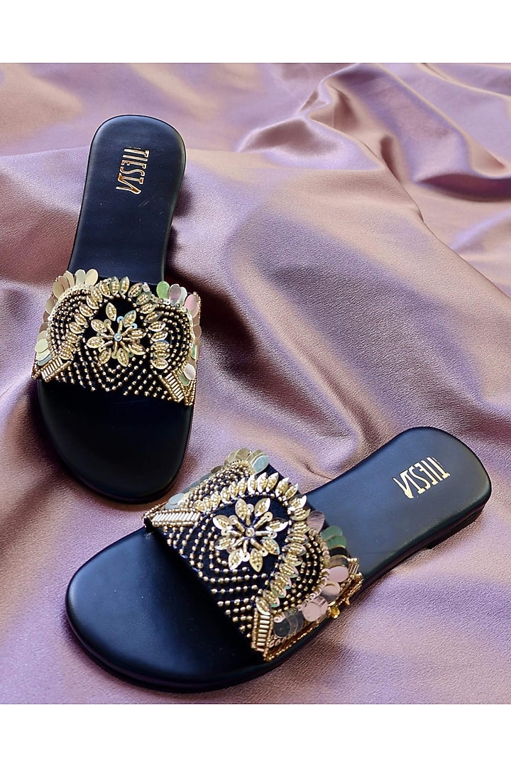 Black Faux Leather Embroidered Flats by TIESTA at Pernia's Pop Up Shop