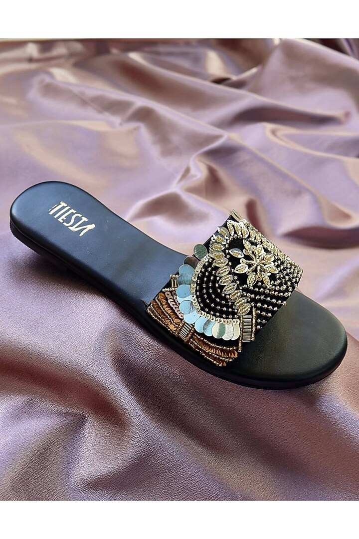 Black Faux Leather Embroidered Flats by TIESTA at Pernia's Pop Up Shop