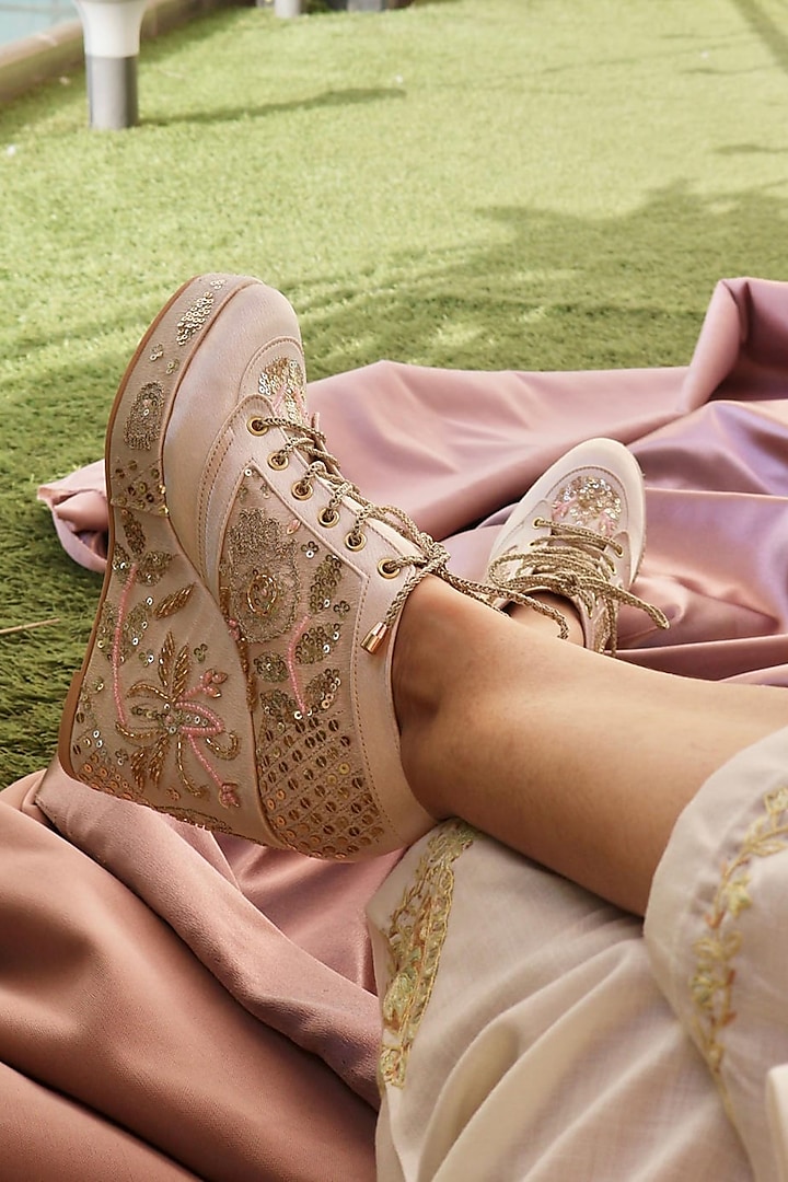 Gold Satin Embroidered Sneakers by TIESTA