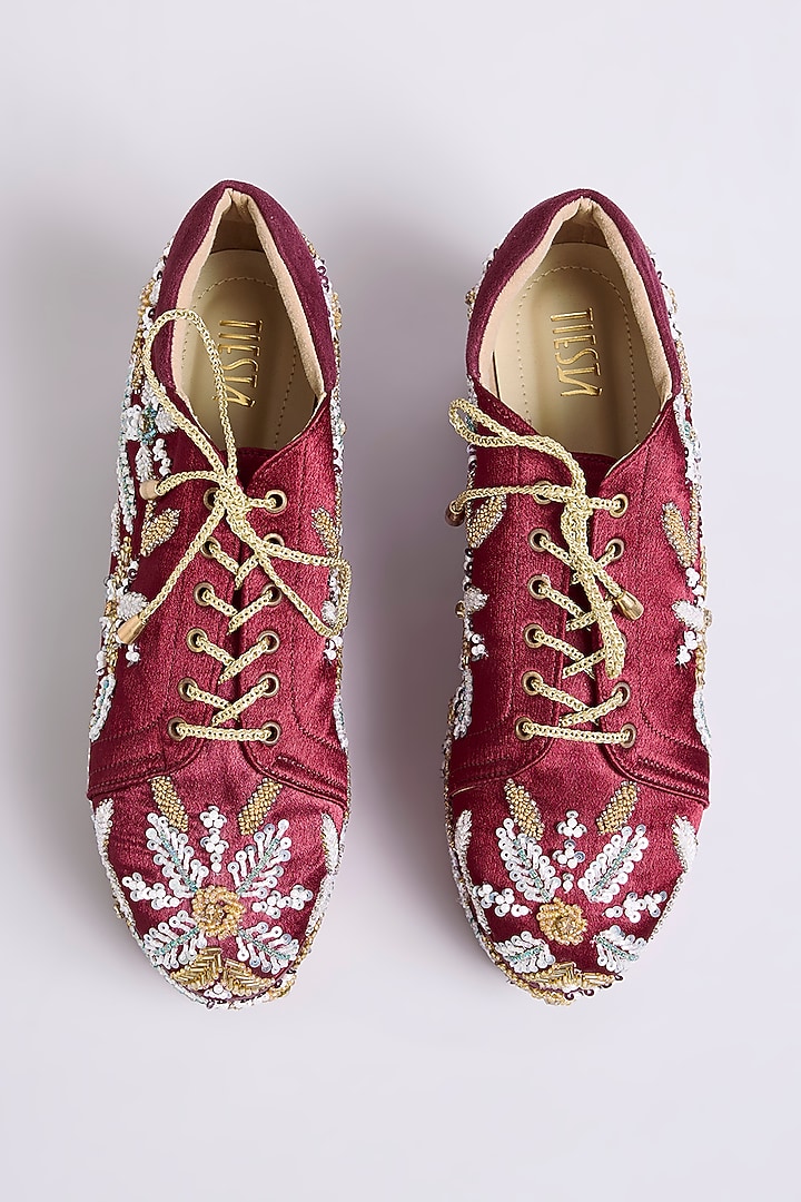 Maroon Raw Silk Sneakers by TIESTA at Pernia's Pop Up Shop
