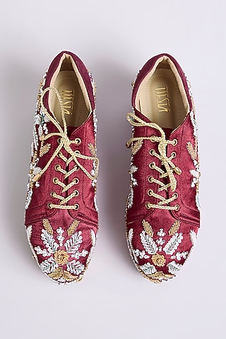Maroon Raw Silk Sneakers by TIESTA