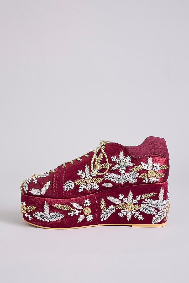 Maroon Raw Silk Sneakers by TIESTA at Pernia's Pop Up Shop
