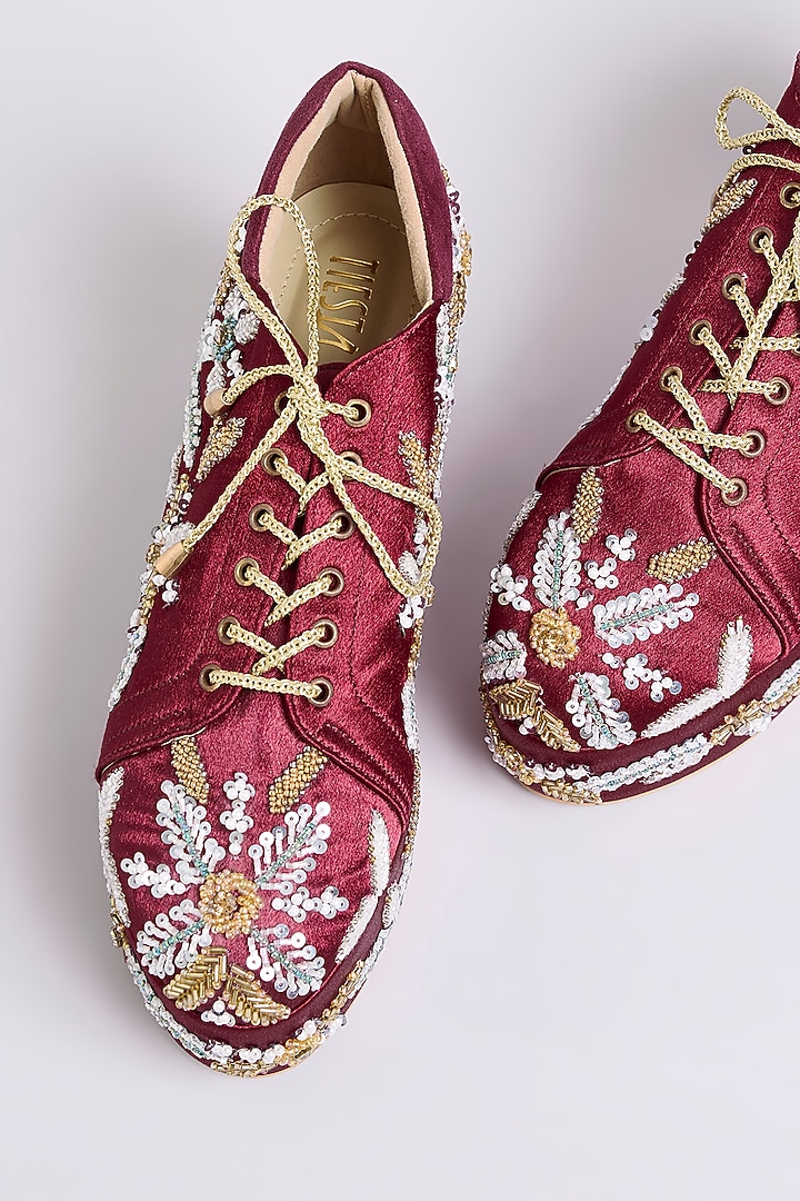 Maroon Raw Silk Sneakers by TIESTA at Pernia's Pop Up Shop