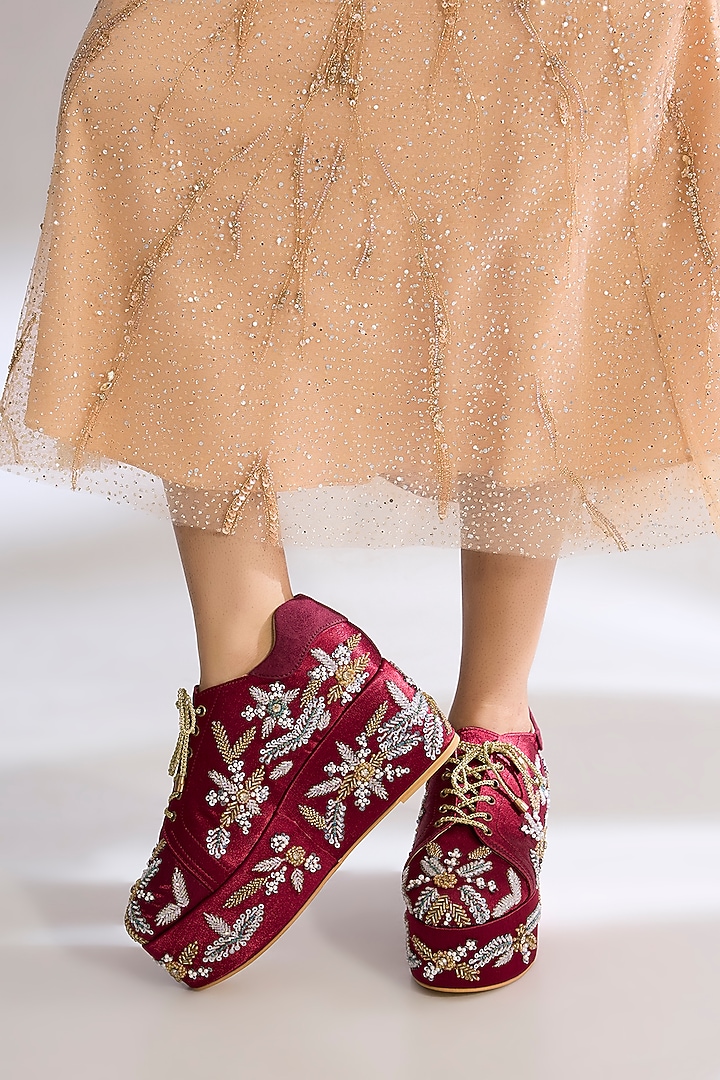 Maroon Raw Silk Sneakers by TIESTA at Pernia's Pop Up Shop
