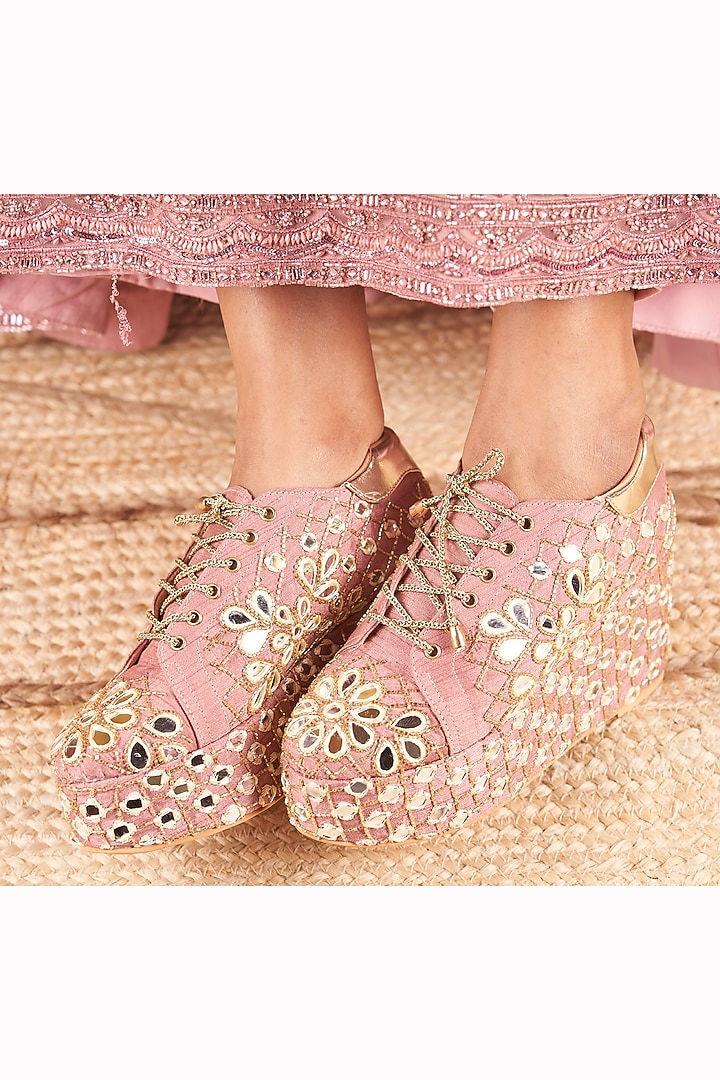 Dusty Pink Raw Silk Heels by TIESTA at Pernia's Pop Up Shop
