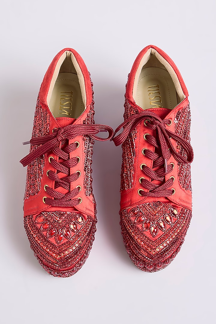 Red Raw Silk Sneakers by TIESTA at Pernia's Pop Up Shop