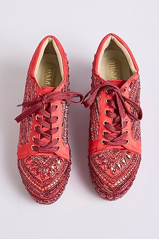 Red Raw Silk Sneakers by TIESTA