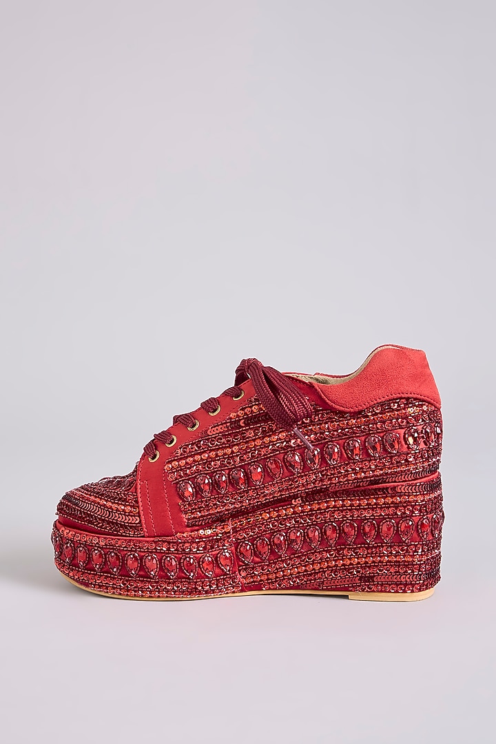 Red Raw Silk Sneakers by TIESTA at Pernia's Pop Up Shop