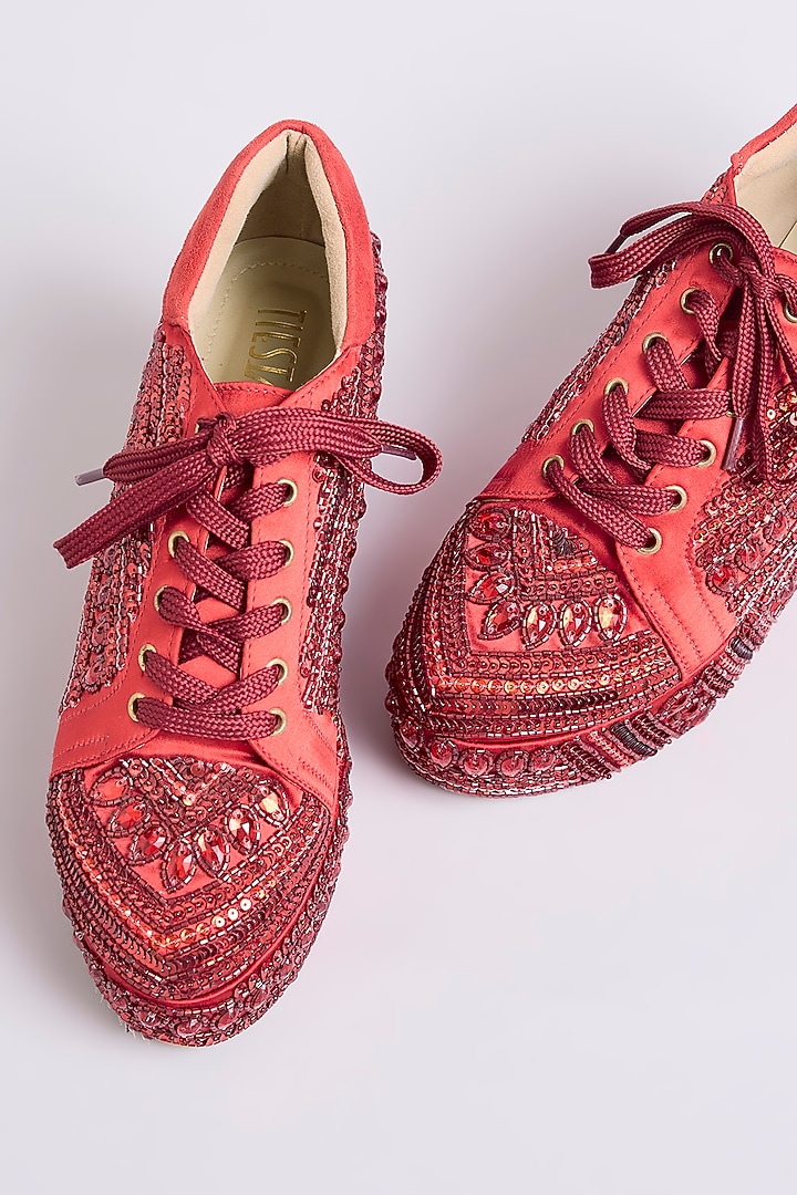 Red Raw Silk Sneakers by TIESTA at Pernia's Pop Up Shop