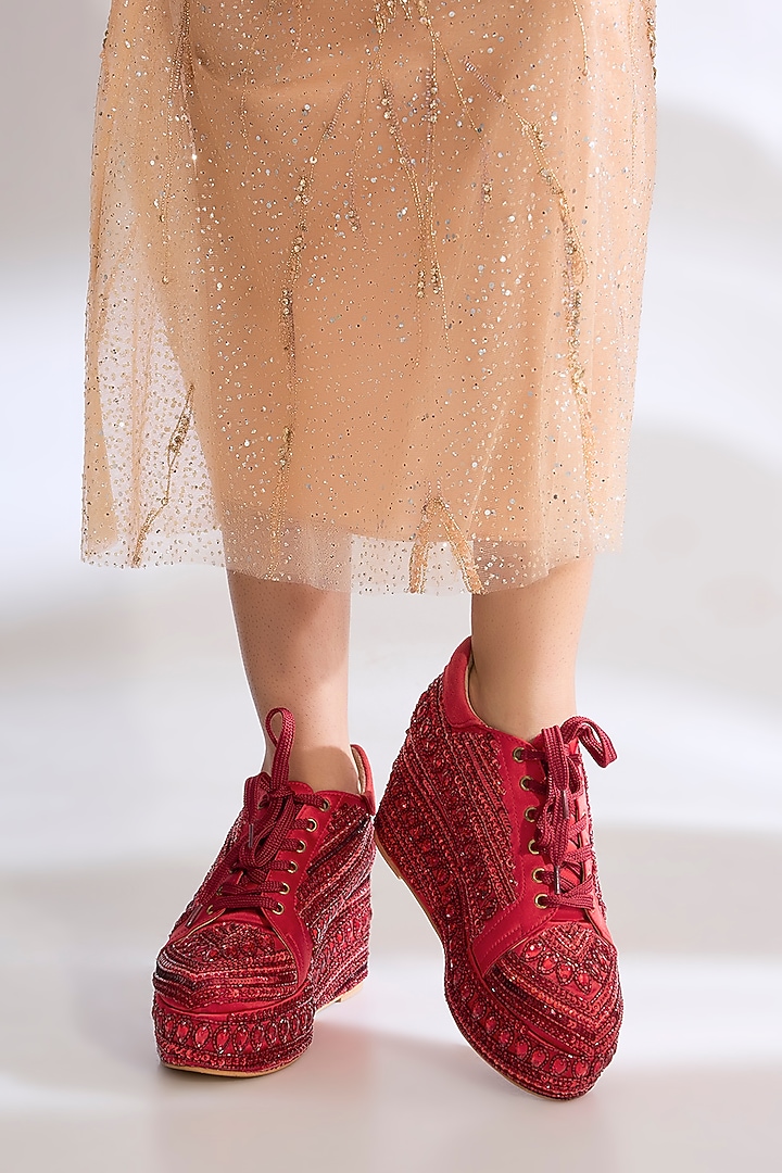 Red Raw Silk Sneakers by TIESTA at Pernia's Pop Up Shop