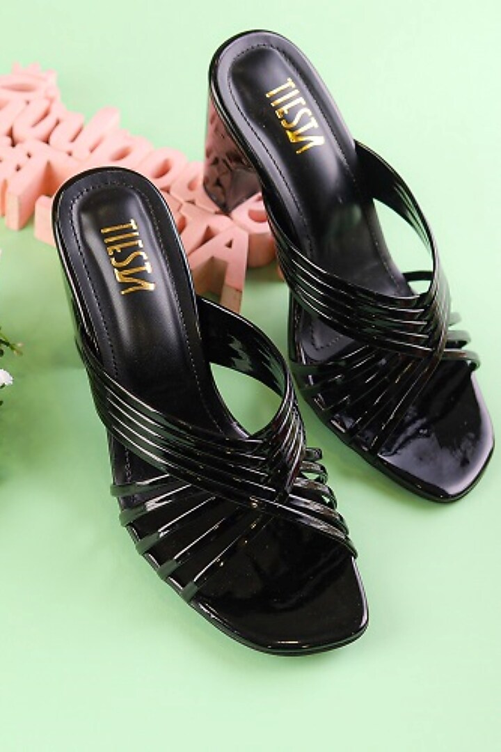 Black Faux Leather Embroidered Heels by TIESTA at Pernia's Pop Up Shop