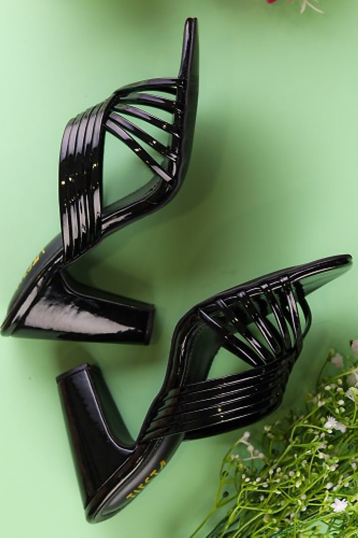 Black Faux Leather Embroidered Heels by TIESTA at Pernia's Pop Up Shop