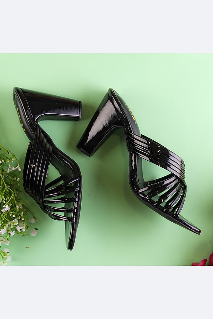 Black Faux Leather Embroidered Heels by TIESTA at Pernia's Pop Up Shop