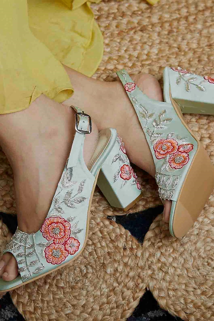 Mint Green Faux Leather Embroidered Block Heels by TIESTA at Pernia's Pop Up Shop