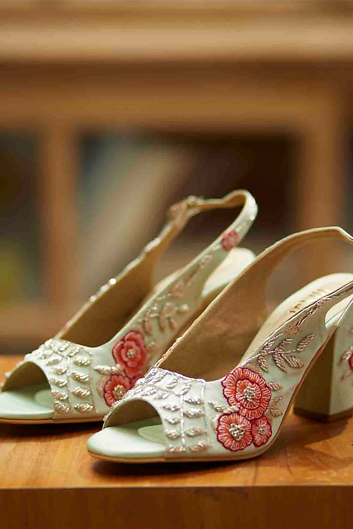 Mint Green Faux Leather Embroidered Block Heels by TIESTA at Pernia's Pop Up Shop