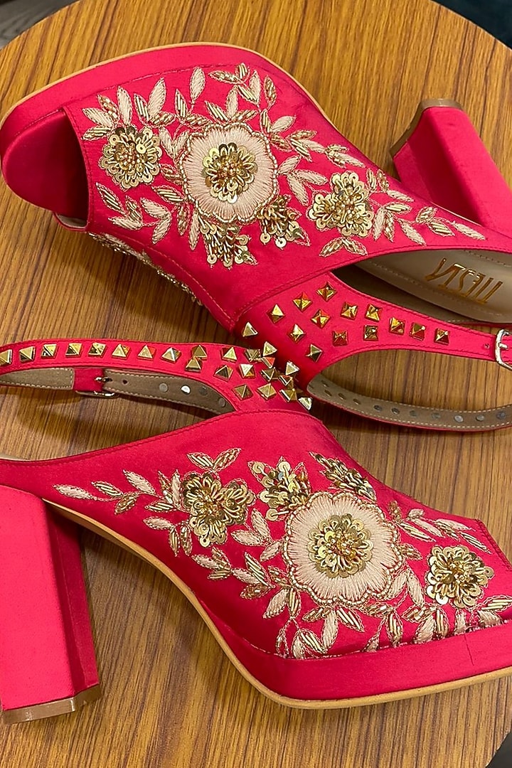 Pink Suede Hand Embroidered Heels by TIESTA at Pernia's Pop Up Shop