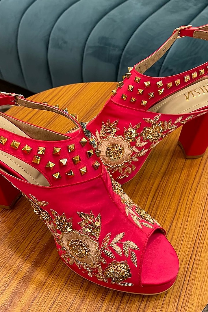 Pink Suede Hand Embroidered Heels by TIESTA at Pernia's Pop Up Shop