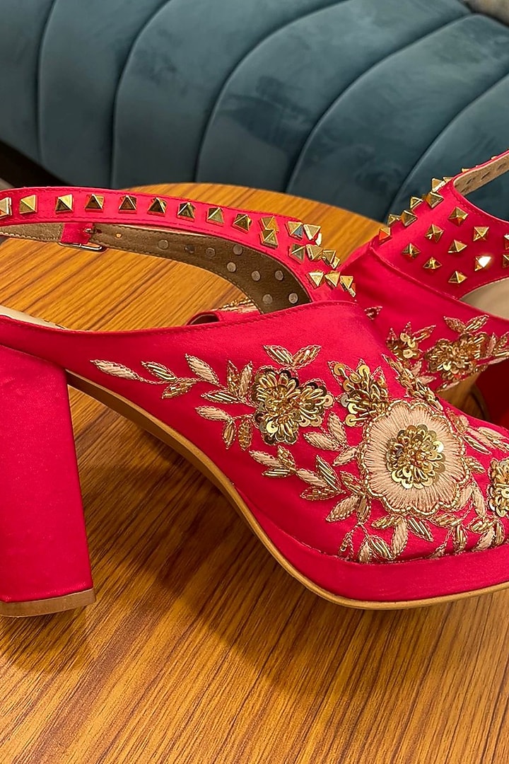 Pink Suede Hand Embroidered Heels by TIESTA at Pernia's Pop Up Shop